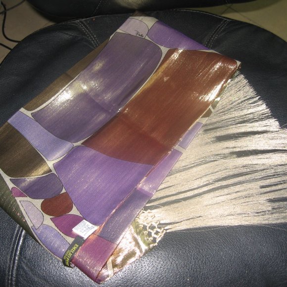 ❤️ EMILIO PUCCI Metallic Retro Op Art Fringed Scarf 56"